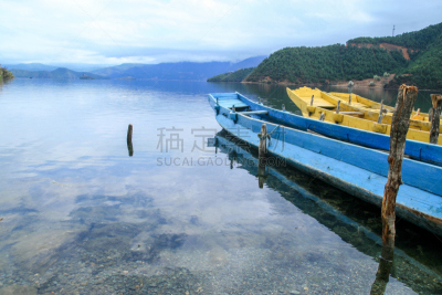 码头,船,跛行,泸沽湖,倒影湖,水,休闲活动,水平画幅,木制,蓝色