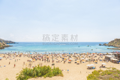 金湾,马耳他,海滩,拥挤的,群众,水,天空,度假胜地,水平画幅,沙子