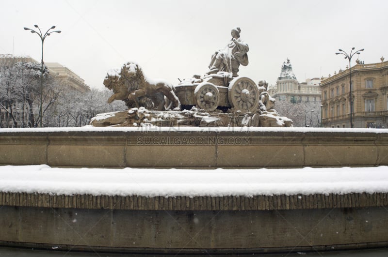 西贝莱斯广场,雪,西贝莱斯喷泉,马德里,美,旅游目的地,水平画幅,建筑,无人,欧洲