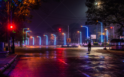 市区路,视角,空的,照明设备,交通,迅速,路口,公路,多车道公路,现代