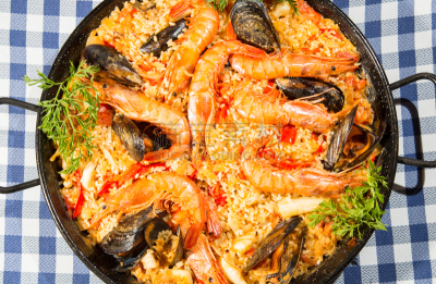 西班牙海鲜饭,迷迭香米,斑节对虾,食用大虾,墨鱼,水平画幅,贻贝,无人,海产,明虾