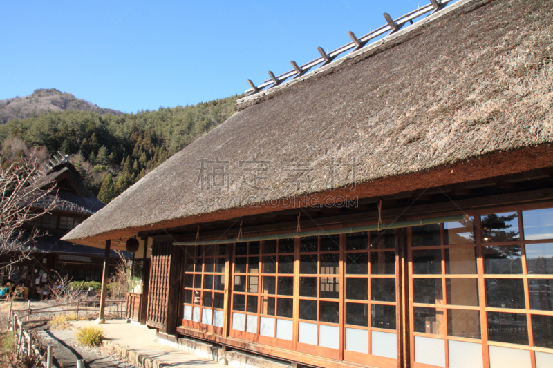 茅屋屋顶,日本,房屋,saiko lake,西湖,山梨县,天空,里山,水平画幅,无人