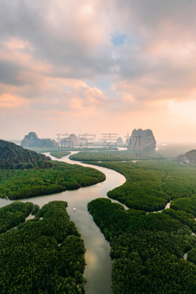 风景,黎明,攀牙府,航拍视角,热带气候,泰国,石灰石,无人机,河口,河流