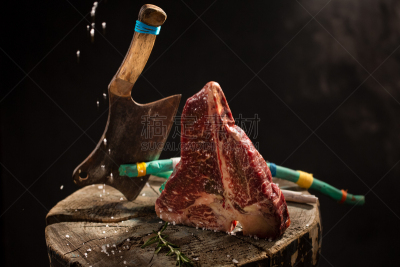 清新,生食,牛肉,大理石状肉,斧,黑色背景,颈,暗色,红色,绿色