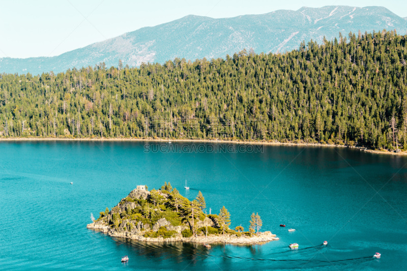 岛,太浩湖,翡翠湾,水,天空,公园,客船,水平画幅,山,旅行者