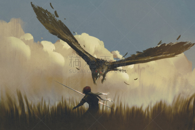 鹰,勇士,巨大的,在上面,矛,动物攻击,侍从,水彩画颜料,野生动物,云