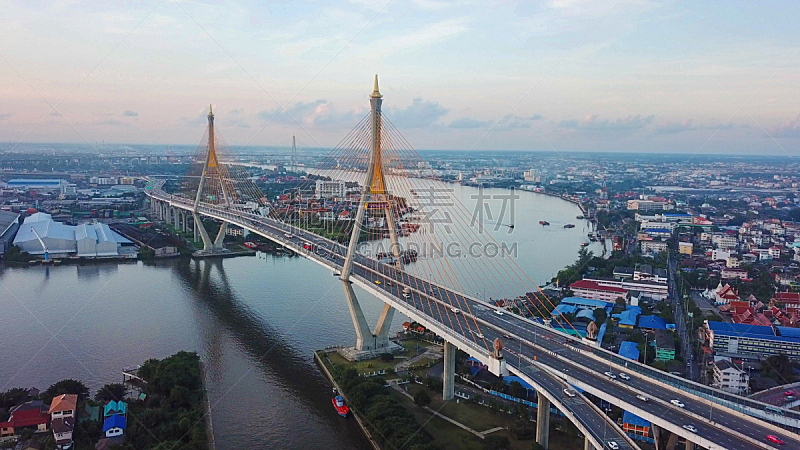 泰国,湄南河,建筑,城市,市区,曼谷,航拍视角,居住区,吊桥,日落