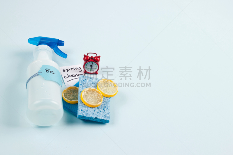 柠檬,蓝色,喷雾瓶,海绵,留白,新的,清洗剂,水平画幅,无人,家庭生活