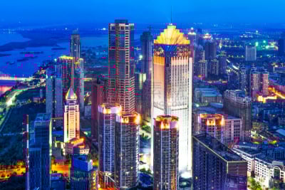 城市,航拍视角,黄浦江,浦东,水平画幅,夜晚,无人,鸟类,交通,户外