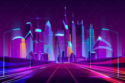 公路,卡通,城市,未来,霓虹灯,矢量,商务,横截面,波兰,照明设备