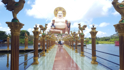 苏梅岛,泰国,天坛大佛,僧院,千手观音寺庙,大菩萨,天空,水平画幅,露齿笑,人