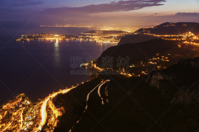滨海阿尔卑斯省,都市风景,尼斯,远距离,波琉索梅尔,蒙特卡洛,摩纳哥,水平画幅,夜晚,无人
