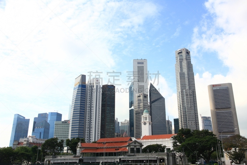 新加坡,城市天际线,安全护栏,滨海湾 ,水平画幅,枝繁叶茂,建筑,无人,金融,银行业