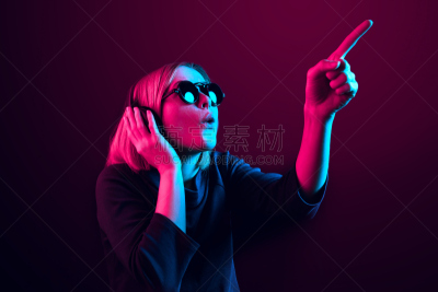耳机,女人,时尚,音乐,霓虹灯,可爱的,背景聚焦,活力,肖像,技术