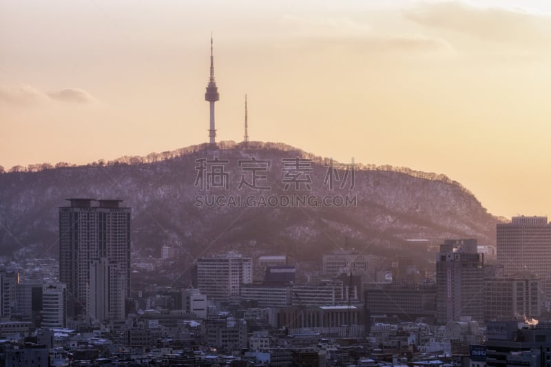 视角,塔,南山塔,首尔,热霾,天空,美,水平画幅,雪,无人