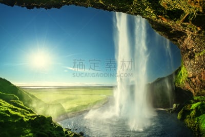 瀑布,夏天,冰岛国,seljalandsfoss waterfall,水,天空,美,水平画幅,户外,石材