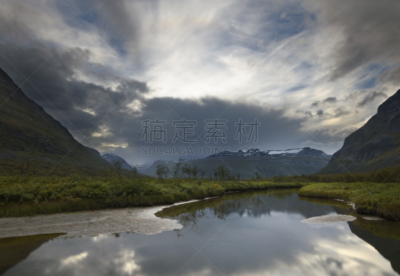 河流,多云,地形,山,山谷,在上面,拉帕德伦,瑞属拉普兰,水道,水