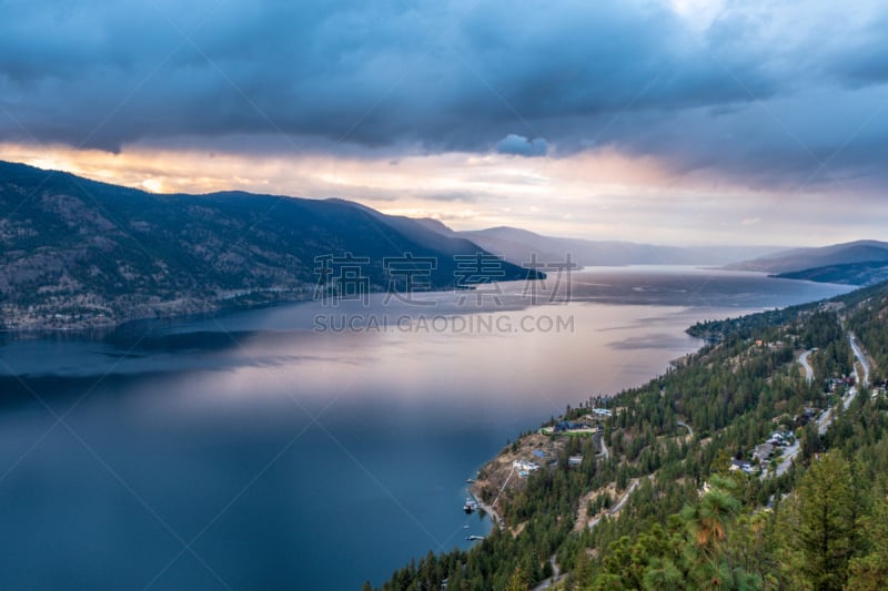 欧肯纳跟湖,在上面,风景,黄昏,图像,奥卡纳根山谷,加拿大,宁静,无人,山