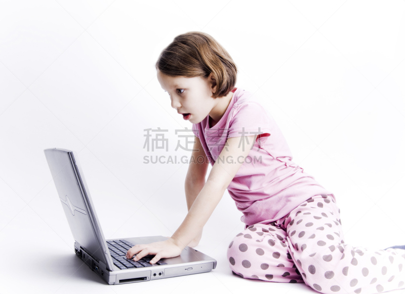 女孩,概念,惊奇,父母,笔记本,笔记本电脑,水平画幅,技术,童年,地板