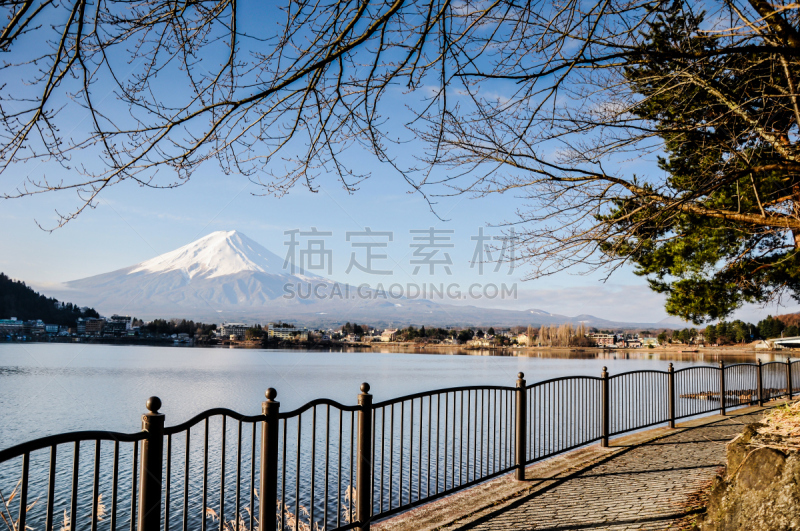 富士山,早晨,湖,河口湖,富士河口湖,水,天空,美,里山,水平画幅