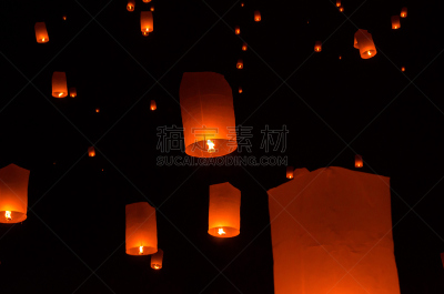 灯笼,半空中,天空,美,水平画幅,夜晚,符号,轻轻浮起,气球,庆祝