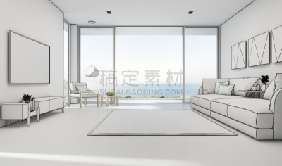 假日别墅,华贵,沙发,夏天,起居室,白色,海洋,巨大的,看风景,墙