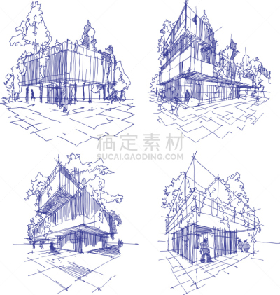 草图,建筑,四个物体,抽象,现代,绿色,钢笔和麦克笔画,钢笔画,绿色建筑,建筑师