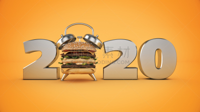 2020,概念,牛肉汉堡,新年前夕,标志,闹钟,三维图形,事件,倒计时,小甜面包