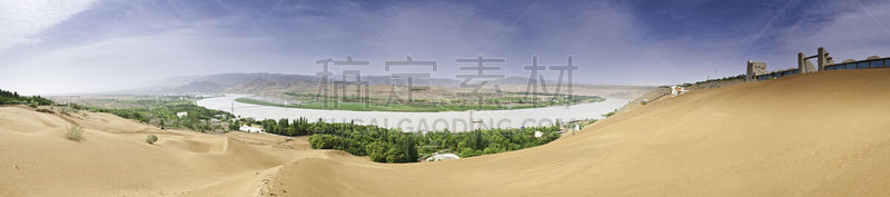 黄河,沙丘,中国,全景,沙坡头,中国中北部,沙漠绿洲,天空,度假胜地,水平画幅