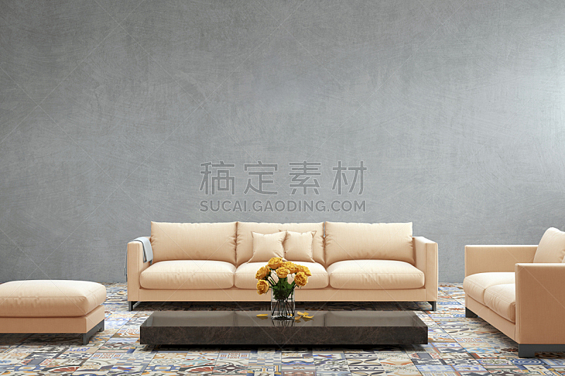 留白,模板,沙发,橙色,极简构图,围墙,室内,前面,彩色蜡笔,空白的