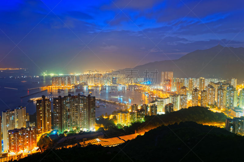 屯门,夜晚,九龙,太平山,维多利亚港,维多利亚港湾,高视角,城市天际线,无人,海港