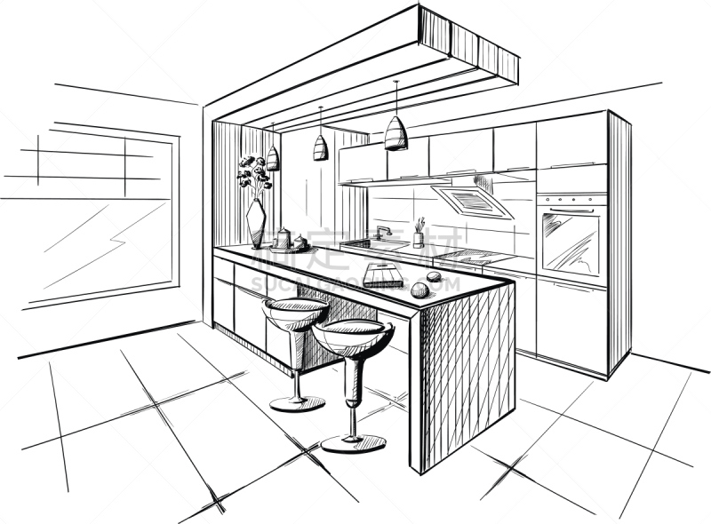 草图,室内,现代,岛,厨房,建筑师,建筑,蓝图,透视图,计划书