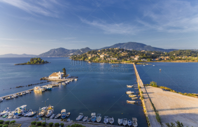 Panoramic view of Vlachernа monastery, Pontikonissi or mouse island and Halikiopoulou lagoon. Kanoni, Corfu Grecce,