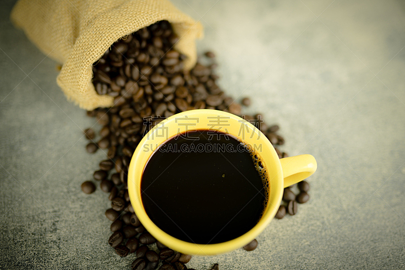 黄色,咖啡杯,咖啡豆,烤咖啡豆,褐色,水平画幅,无人,热饮,纤维,饮料