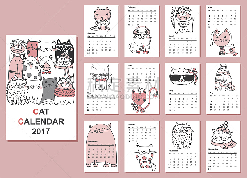 日历,猫,2017年,贺卡,新的,绘画插图,计算机制图,计算机图形学,卡通,现代