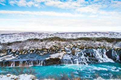 瀑布,hraunfossar,冰岛国,水,美,水平画幅,雪,旅行者,户外,火山岩