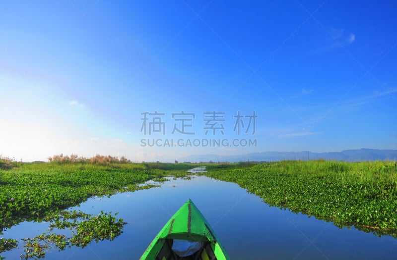 茵丽湖,缅甸,绿色,水,天空,湖,蓝色,船,太阳,风景