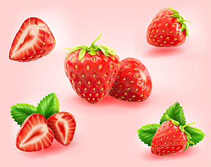 草莓,叶子,切片食物,分离着色,光,一半的,粉色背景,水平画幅,绘画插图,奶昔