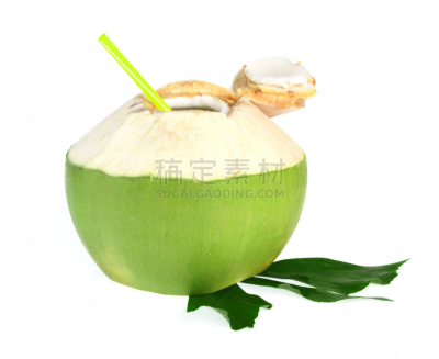 椰子,绿色,白色背景,分离着色,椰汁,水平画幅,素食,无人,果汁,夏天