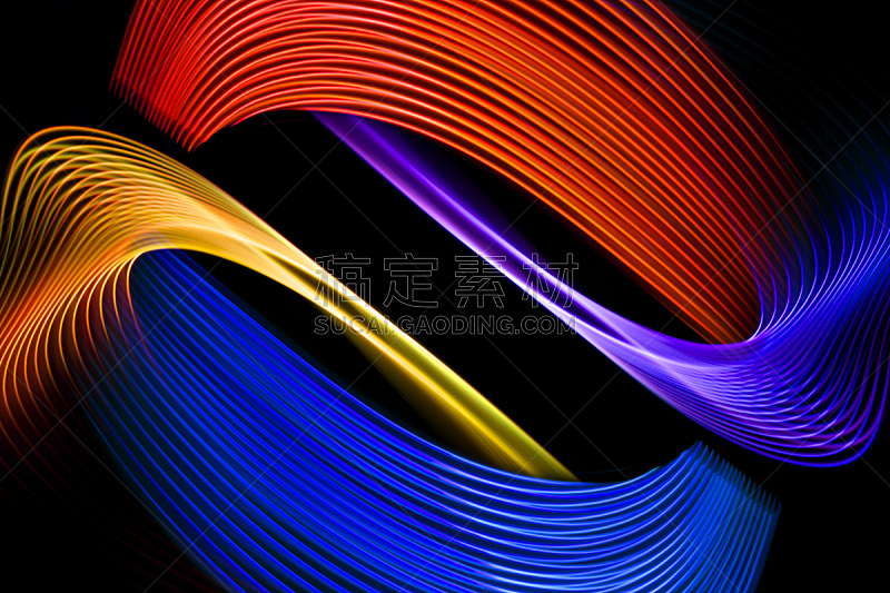 Colorful pink, yellow, orange and blue  neon  spiral lines.Abstract background of blue neon glowing light shapes. Bright stripes for poster, website, brochure, print.