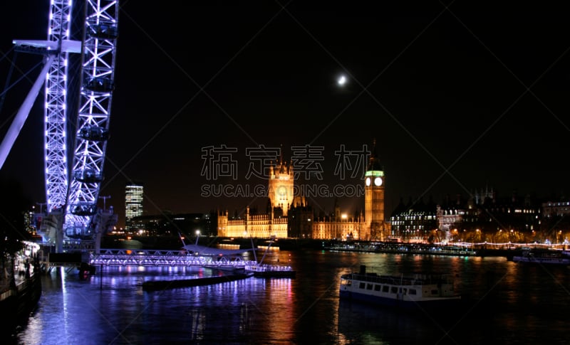 泰晤士河,夜晚,都市风景,金色狂欢桥,伦敦眼,钟塔,低照明,月光,摩天轮,伦敦