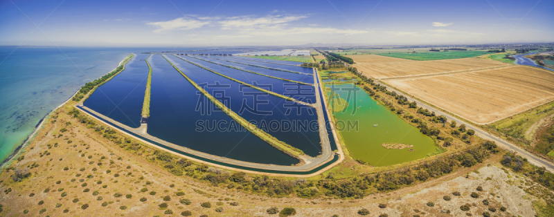 Beautiful aerial panorama of Western Treatment Plant and plowed fields at Cocoroc, Victoria, Australia