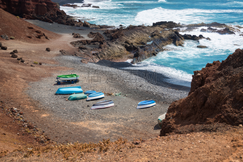 兰萨罗特岛,加那利群岛,海滩,船,西班牙,timanfaya national park,熔岩,水平画幅,无人,大西洋