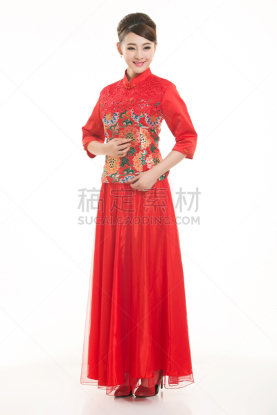 衣服,白色背景,前面,男招待,可爱的,唐装,女人,中国,中国人,2015年