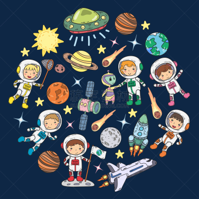 绘画插图,未成年学生,儿童,矢量,太空,乱画,外星人,天文学,地球,月球