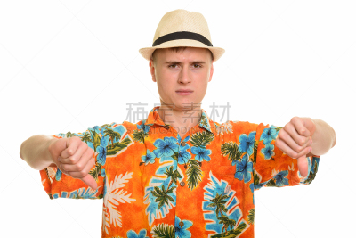 旅行者,青年人,男人,男性美,两个拇指向下,夏威夷衬衫,失望,半身像,水平画幅,注视镜头