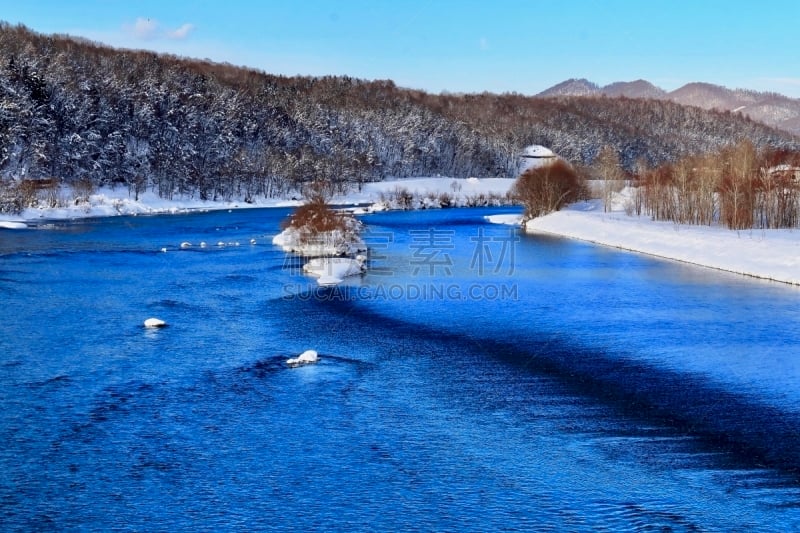 石狩川,冬天,寒冷,水平画幅,雪,无人,旭川,日本,户外,北海道