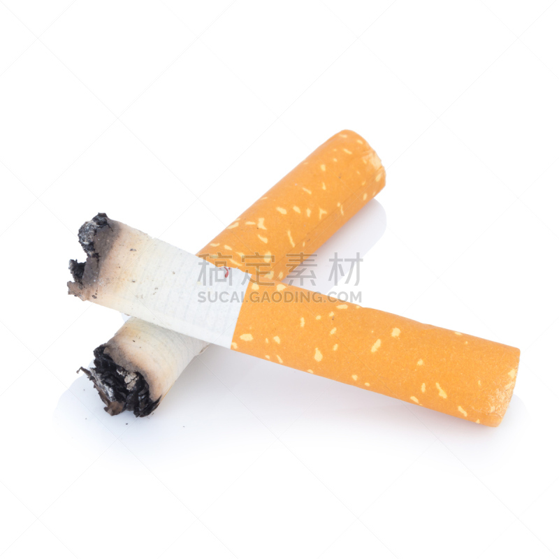 烟蒂,两个物体,白色背景,分离着色,卷烟过滤嘴,烟草行业,无尾礼服,禁止吸烟记号,肺癌,香烟