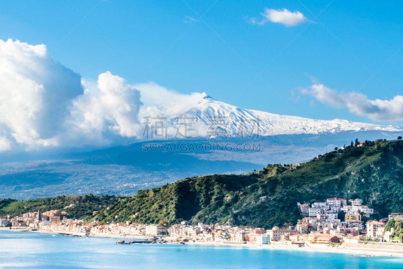 雪,吉尔蒂尼拿克索斯岛,埃特纳火山,海湾,水,天空,旅行者,爱奥尼亚海,希腊,海滩