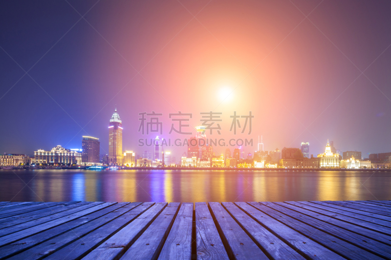 上海,水平画幅,建筑,夜晚,无人,全景,城市天际线,户外,滨水,都市风景